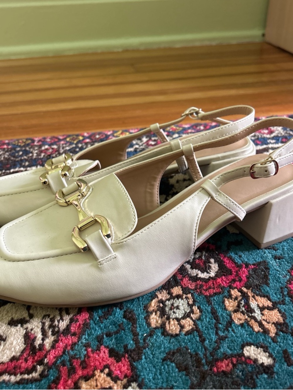 Women’s Cream Slingback Block Heel Loafers with Gold Hardware